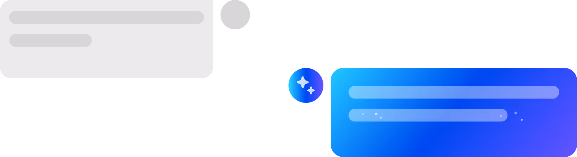 Conversation bubbles with gray text lines on the left and blue gradient text lines on the right with sparkle icons between them.