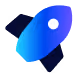 Stylized blue rocket icon with a white circular window on a black background.