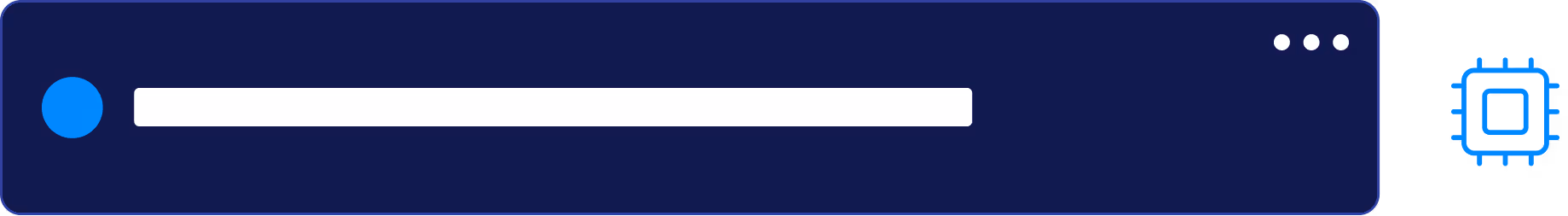 Dark blue digital interface bar with a blue circular icon on the left, a white horizontal search bar in the center, three white dots in the top right corner, and a blue microchip icon on the far right.