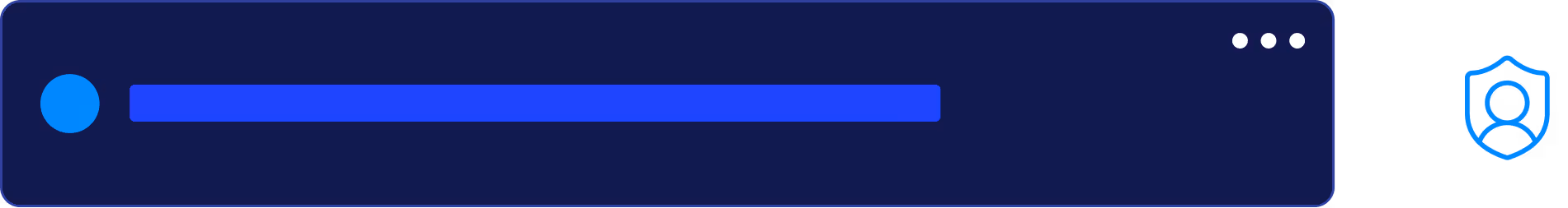 Dark blue rectangular UI bar with a left blue circle, a horizontal blue loading indicator, three white dots on the top right, and a blue shield icon with a person outline to the far right.