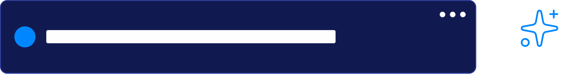 Dark blue rectangular chat bubble with a blue circle on the left, a white blank text bar in the middle, three white dots on the right, and a blue sparkle icon to the right outside the bubble.
