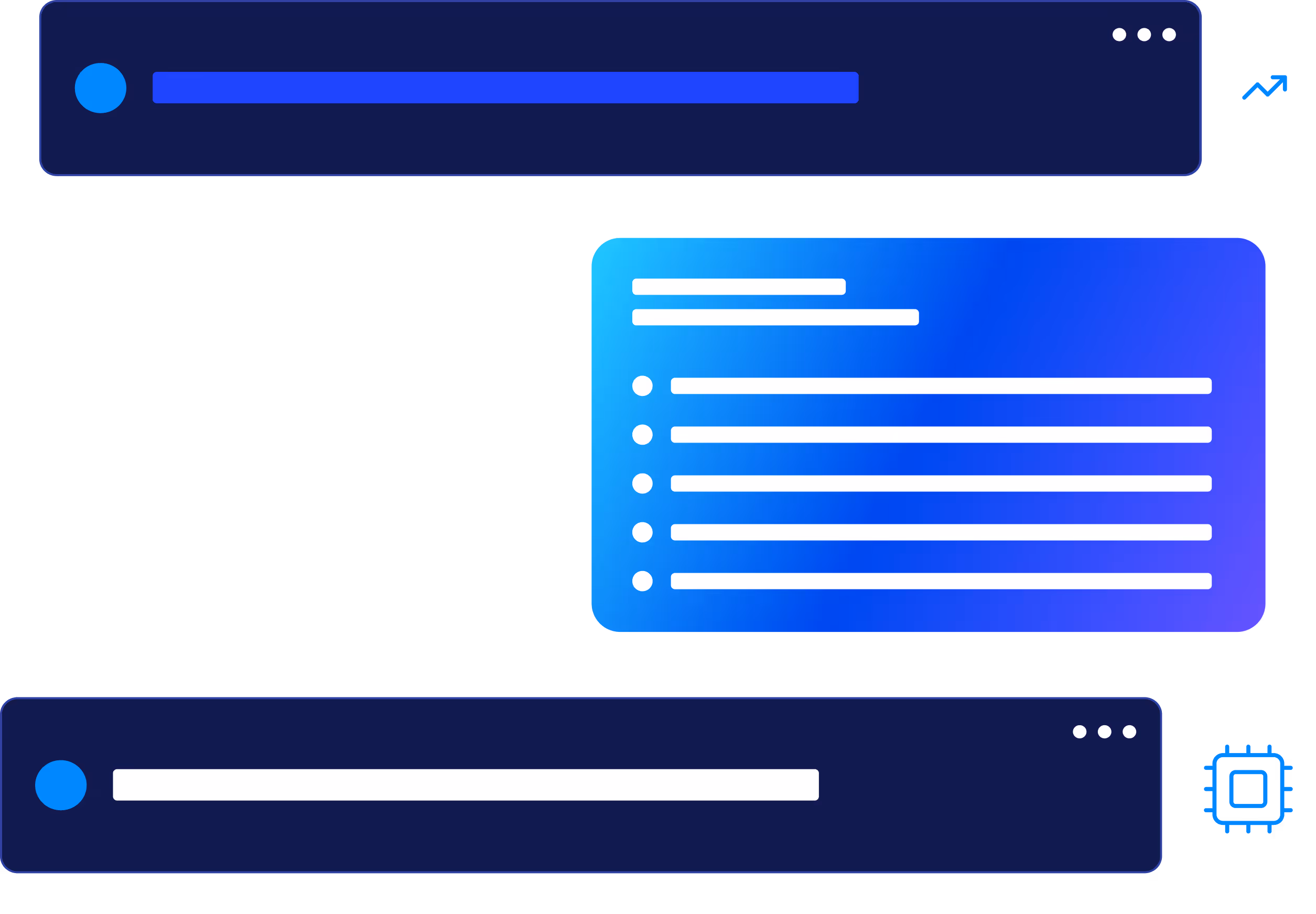 Abstract digital interface with two dark blue chat bars featuring blue icons, and a central blue-purple gradient panel displaying bulleted white text lines.