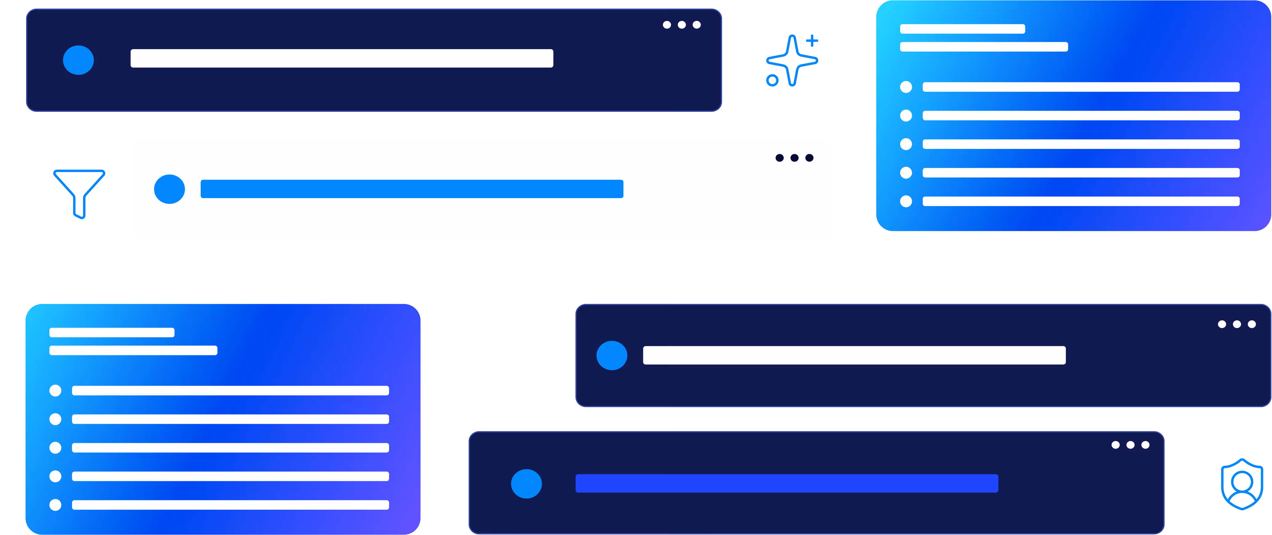 Abstract interface design with dark and light blue panels containing lines and dots representing text and icons.