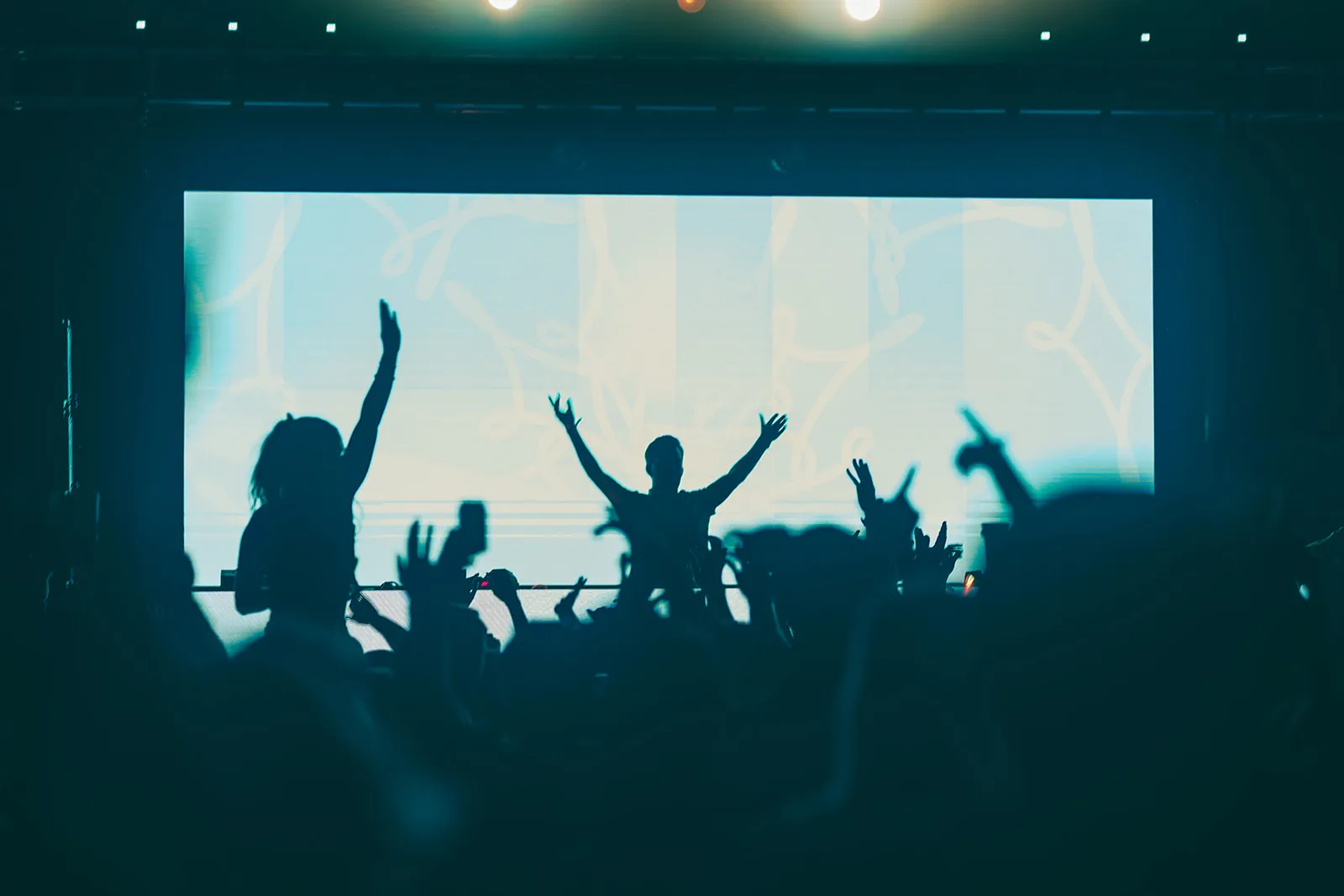 Silhouettes of people with raised hands enjoying a concert or music event in front of a large illuminated screen.