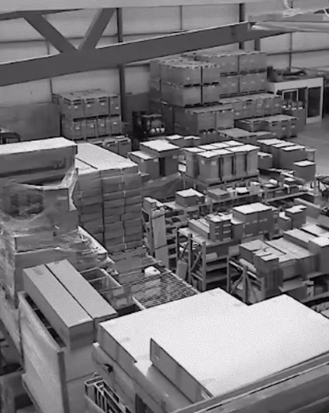 Warehouse interior with tall stacks of various sized cardboard boxes and pallets arranged on shelves and the floor.