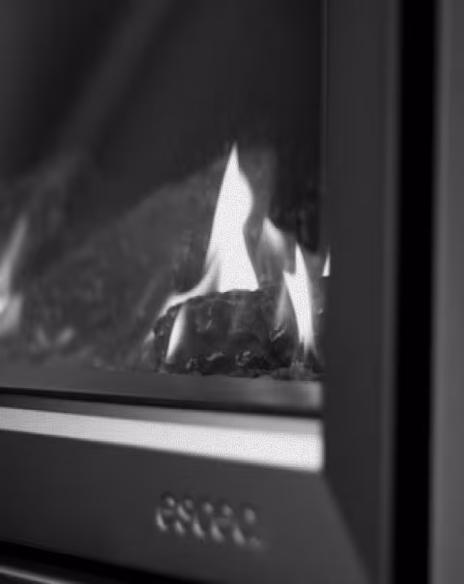 Close-up of flames burning inside a fireplace with a glass front.