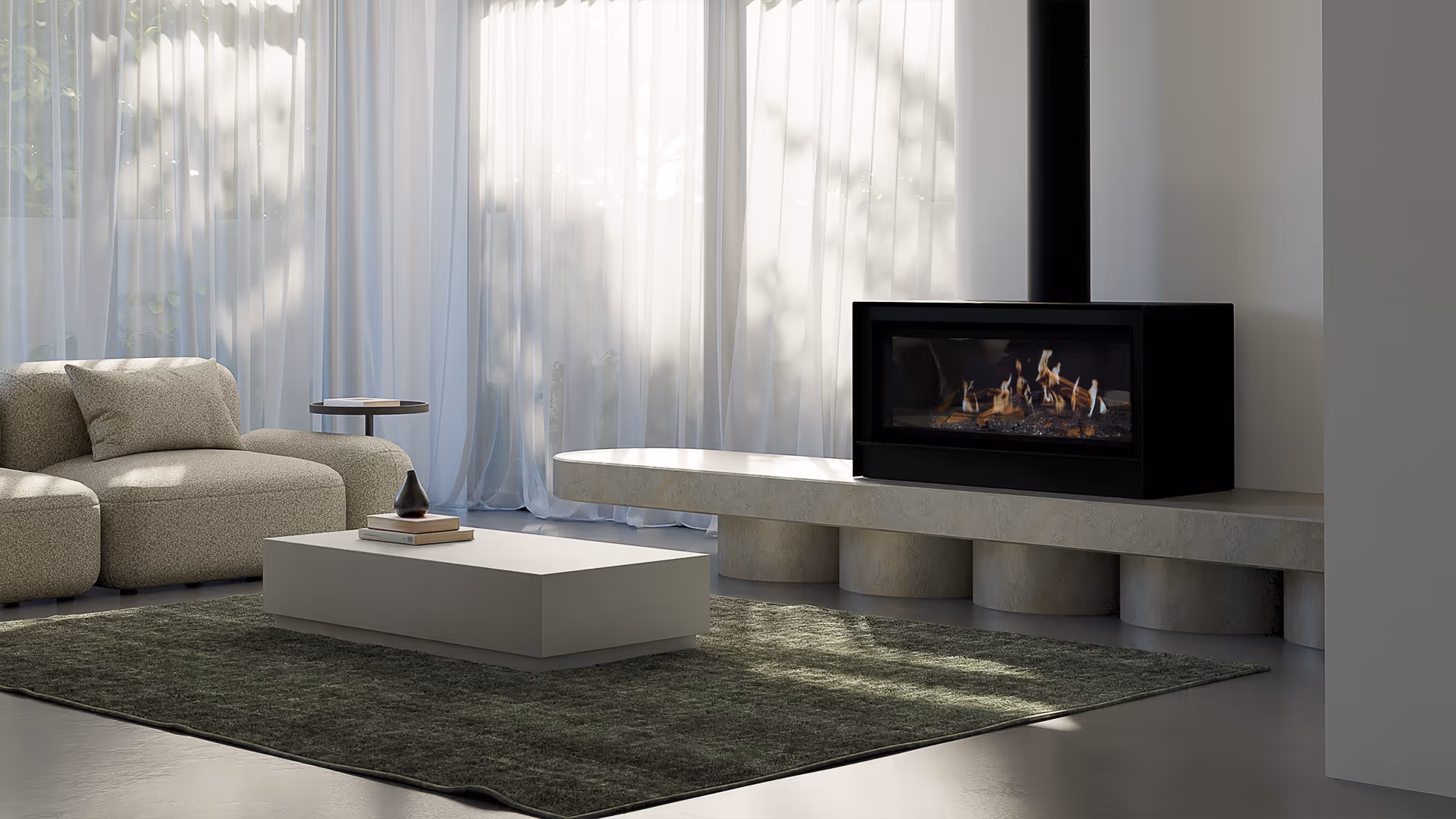 Modern gas fireplace with realistic burning logs set in a light-coloured wall next to a wooden side table with books.