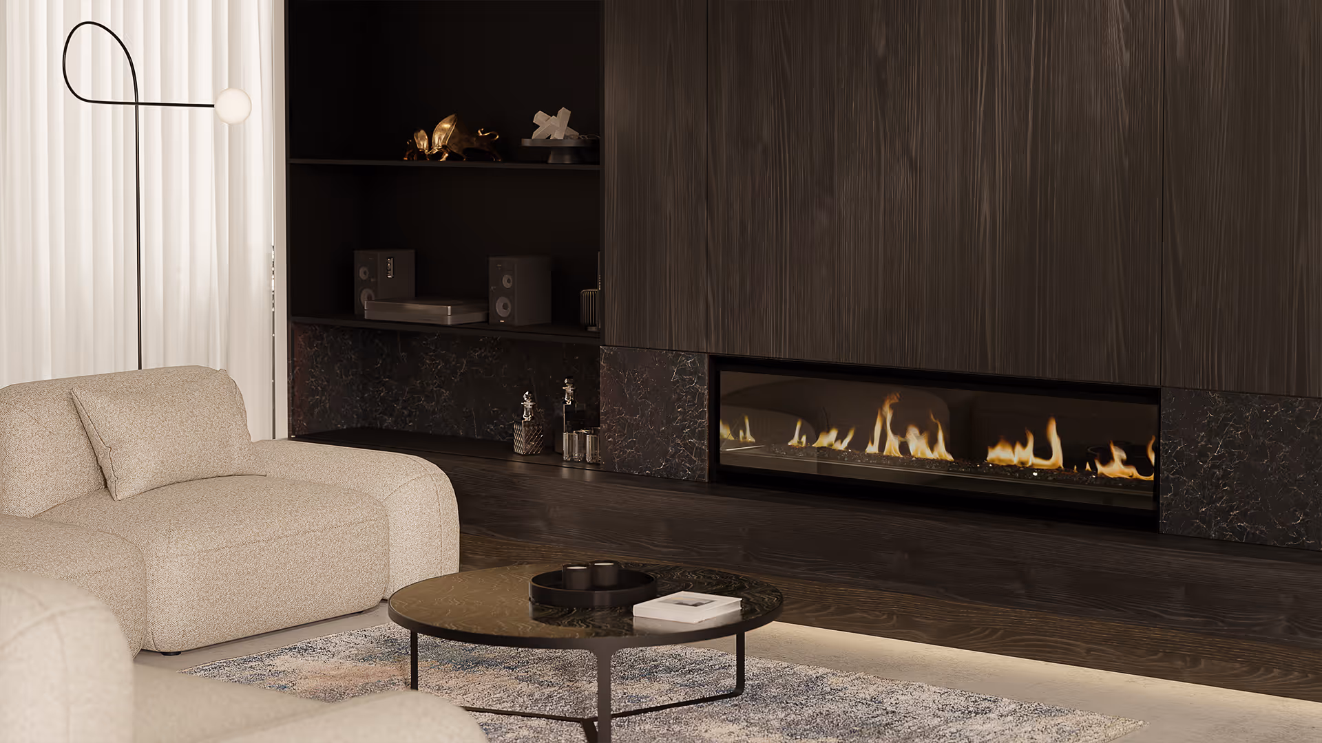 Modern gas fireplace with realistic burning logs set in a light-coloured wall next to a wooden side table with books.