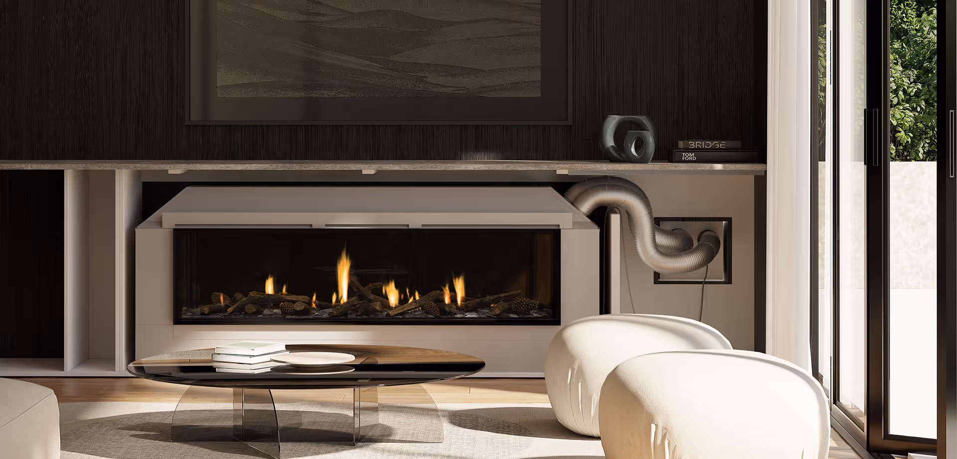Modern gas fireplace with realistic burning logs set in a light-coloured wall next to a wooden side table with books.