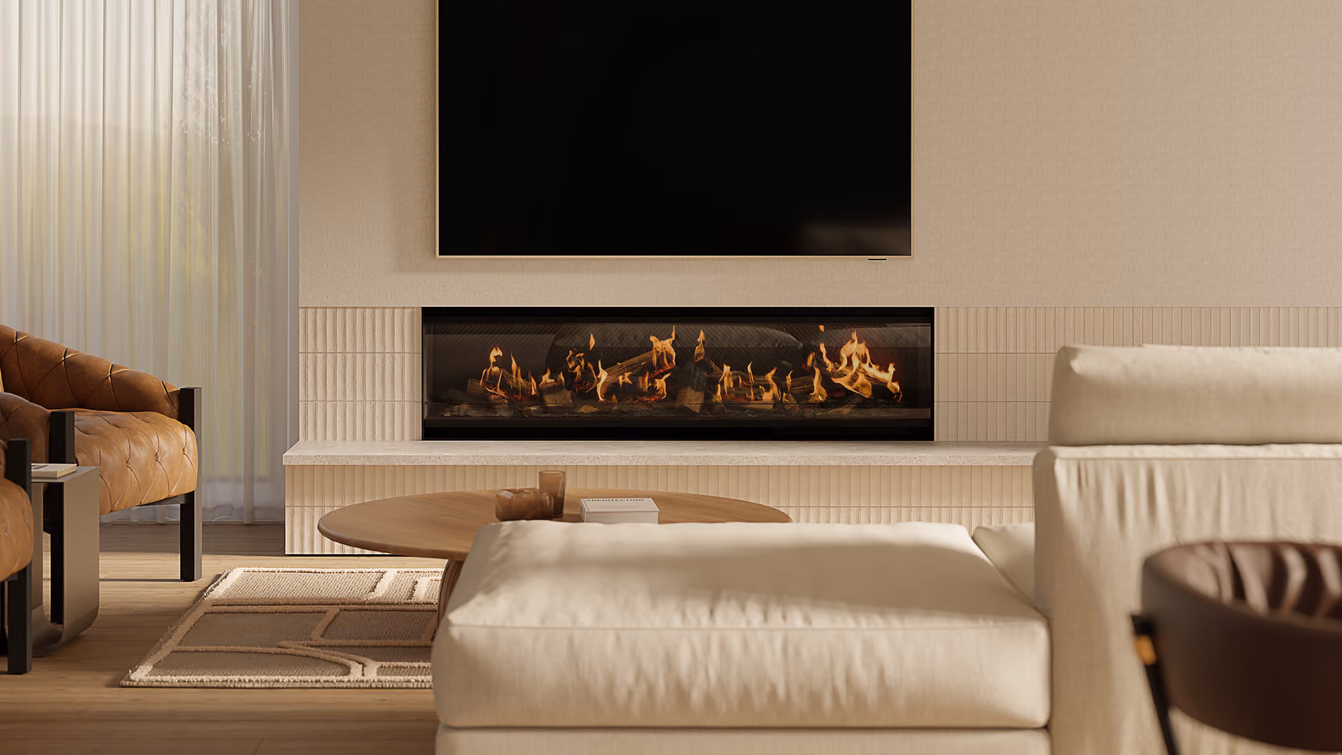 Modern gas fireplace with realistic burning logs set in a light-coloured wall next to a wooden side table with books.