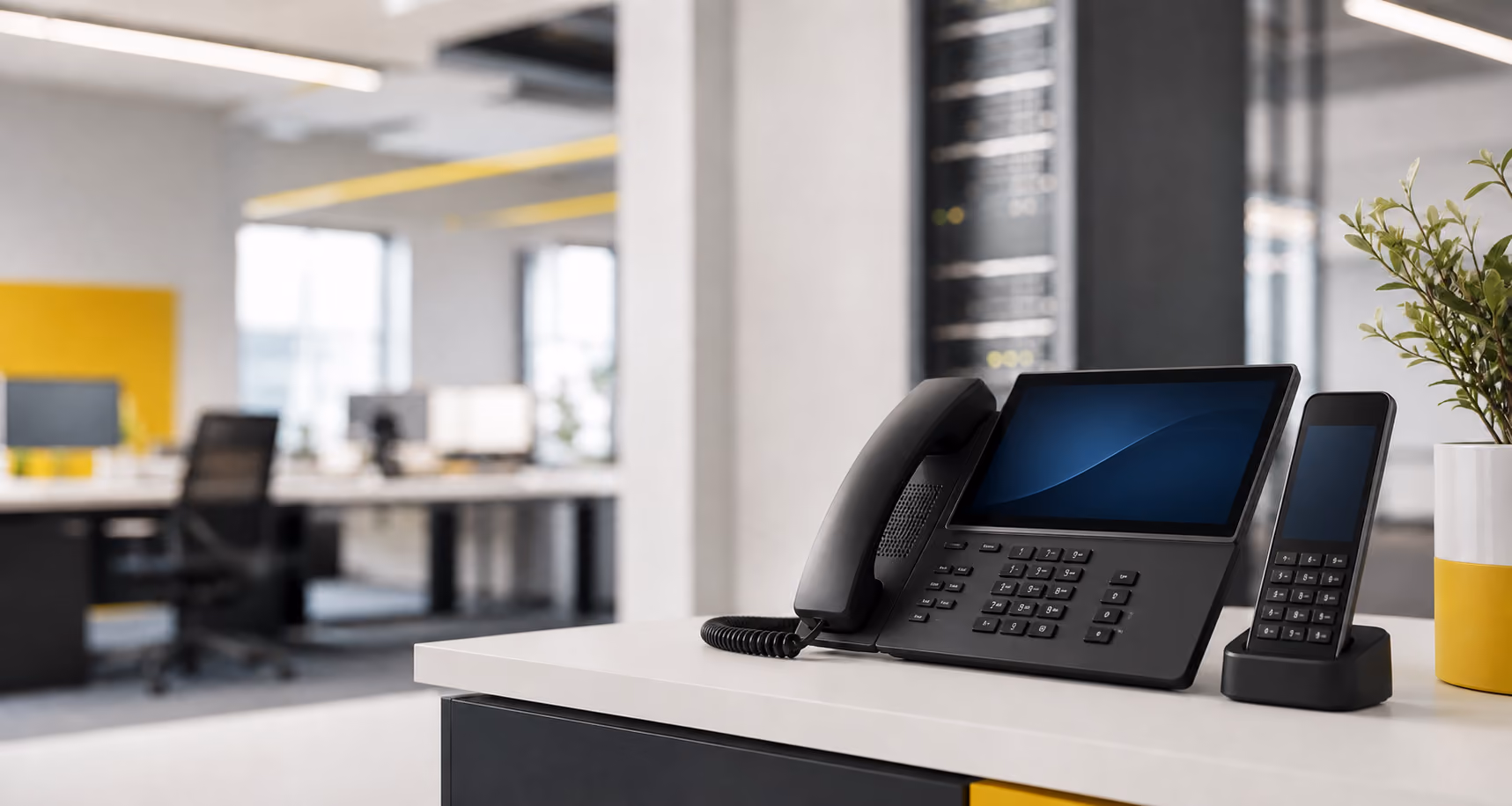 IP-Telefonie mit Tischtelefon und mobilem WLAN-Handgerät im Büro
