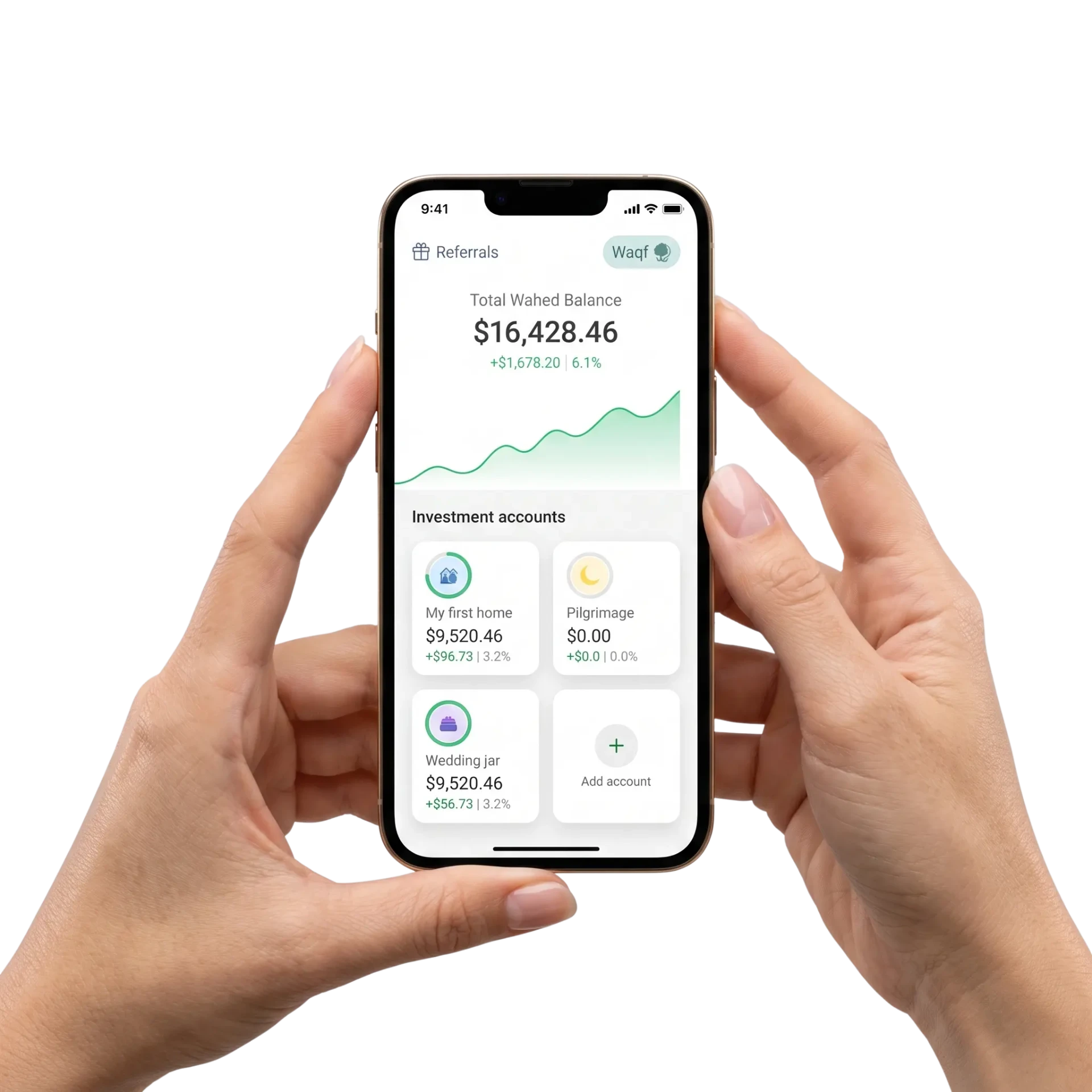 Wahed retirement accounts shown in the mobile app