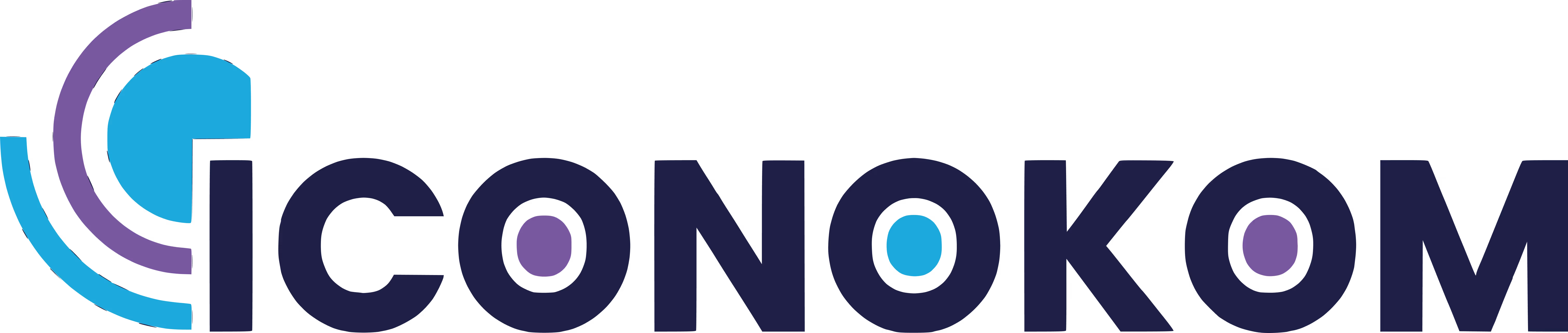 Logo Iconokom avec cercles bleus et violets intégrés dans le texte.