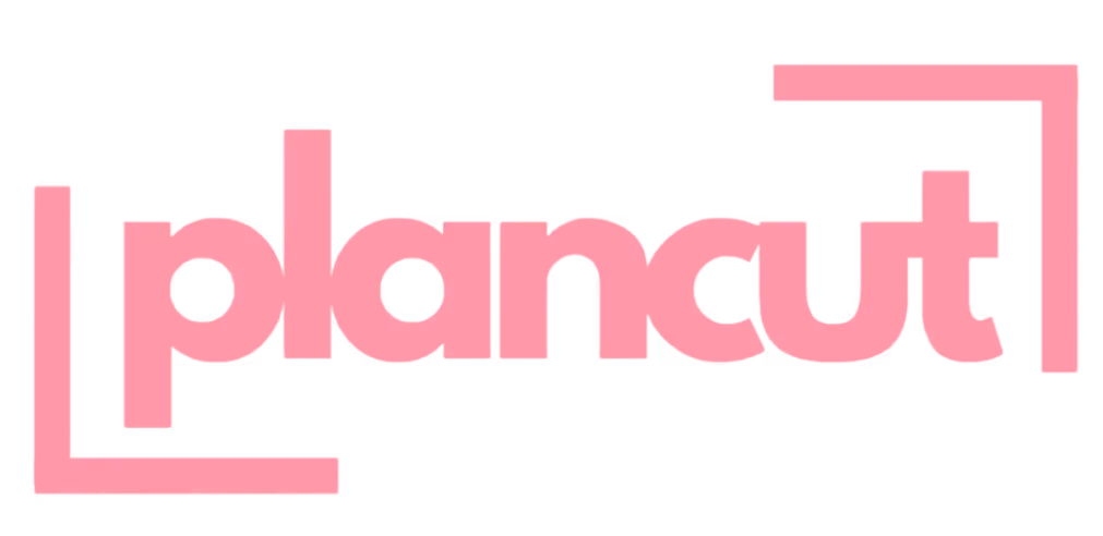 Logo rose du texte 'plancut' encadré par des lignes en angle droit aux extrémités gauche et droite.