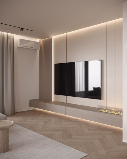 Hrastov parket složen u riblju kost u modernoj dnevnoj sobi sa drvenim zidnim panelima, rad BD Podovi Novi Sad