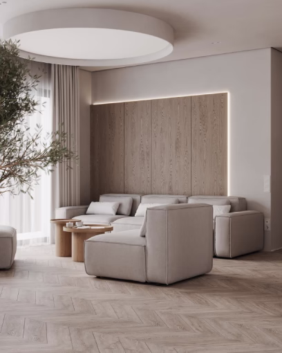 Mat lakirani parket u herringbone (riblja kost) slogu, savršeno uklopljen sa zidnim oblogama