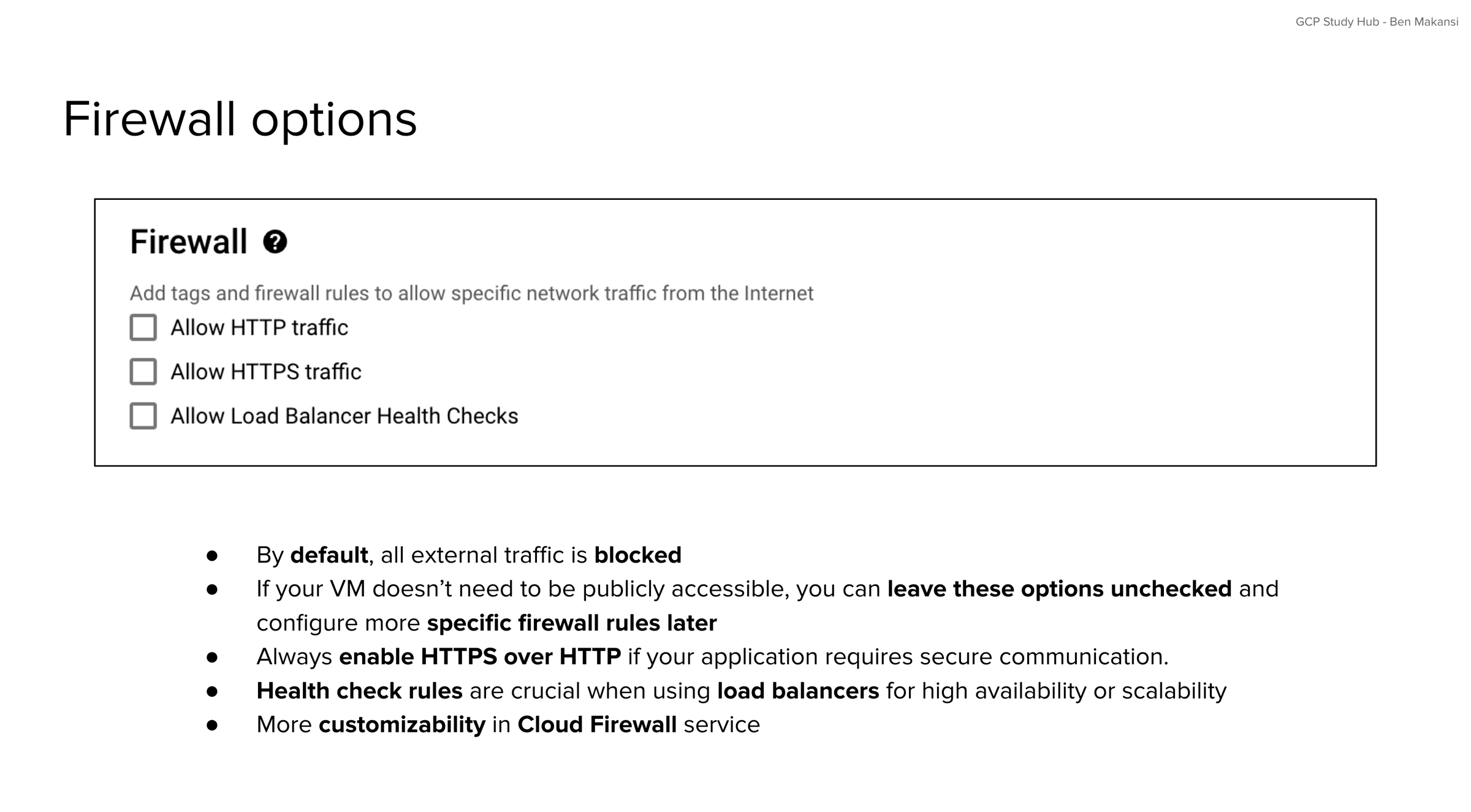 Google Cloud Compute Engine VM creation screen showing options to allow HTTP, HTTPS, and Load Balancer health check traffic during instance setup.