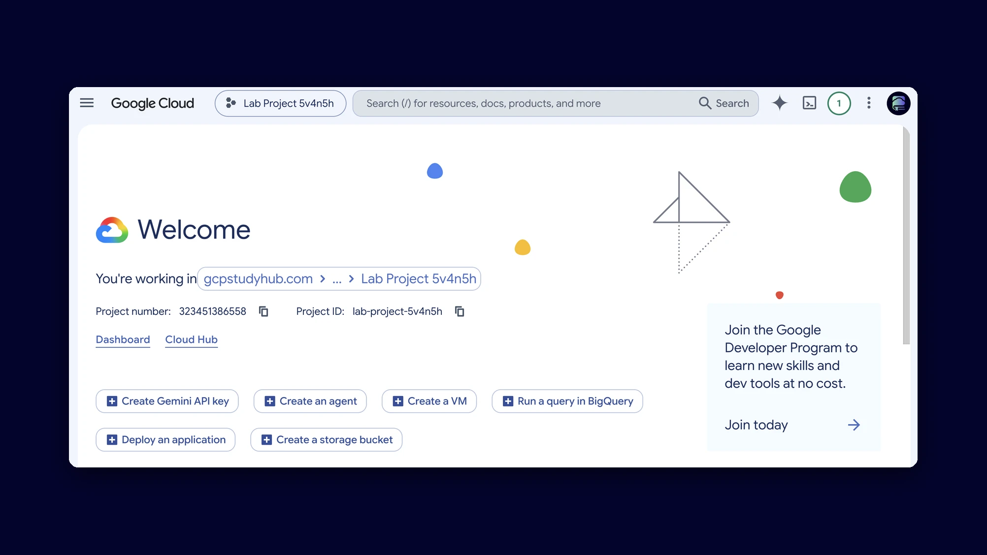 Google Cloud console welcome page inside a GCP Study Hub lab project