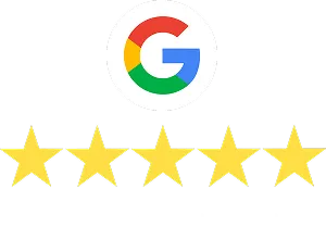 Google logo above five gold stars representing a five-star rating.