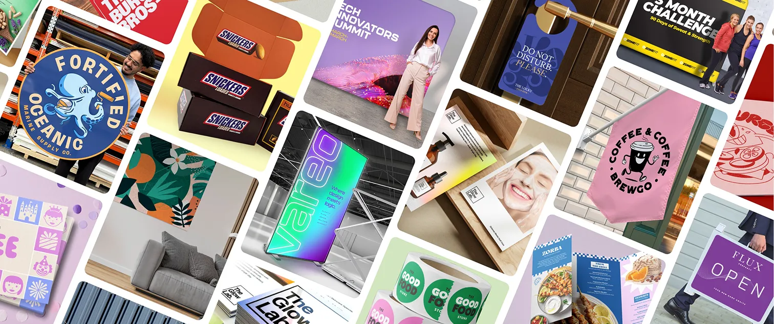 Collage of diverse branded items including a man holding a Fortified Oceanic sign, Snickers boxes, a woman standing by a tech summit banner, coffee shop flag, skincare brochure, and colorful packaging designs.