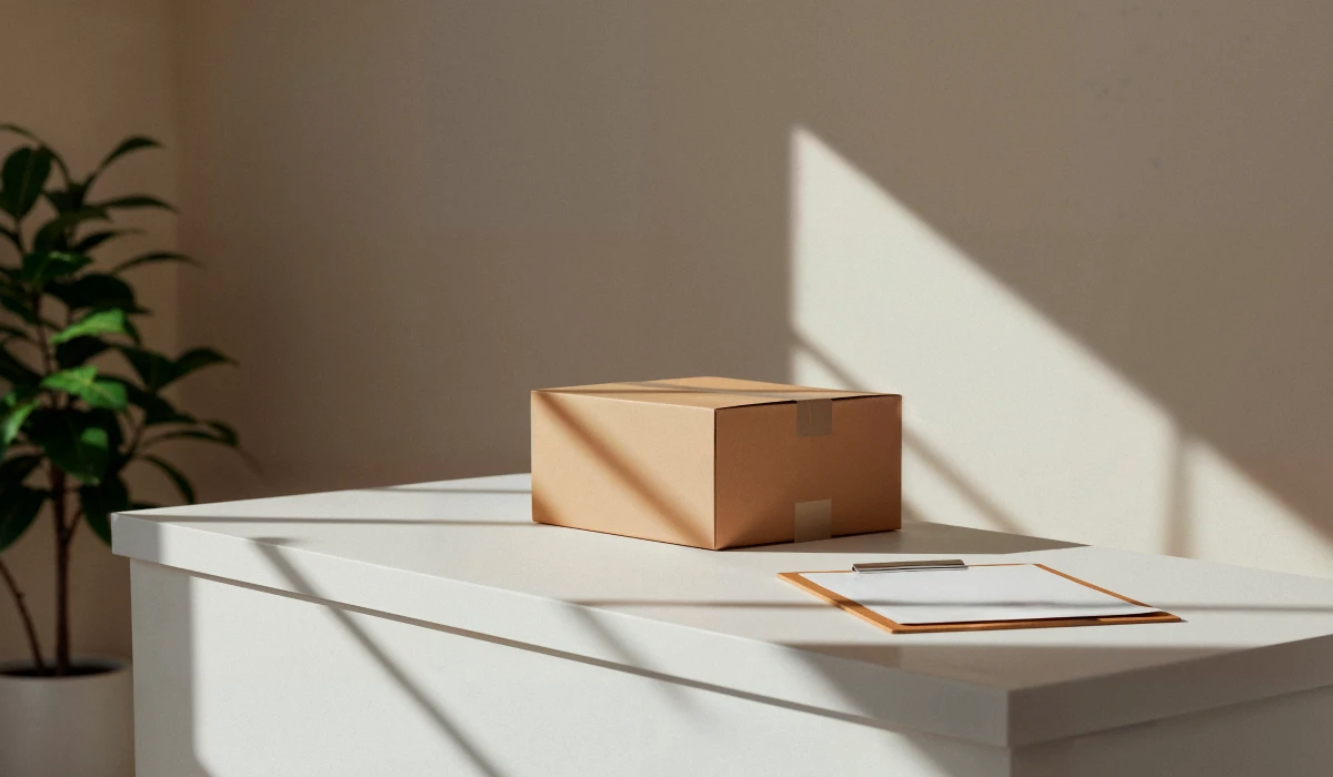Brown cardboard box and clipboard on a white table with sunlight casting shadows, green plant in background.