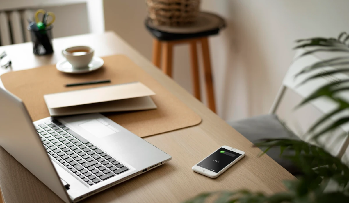 Workspace with an open laptop, a smartphone showing an incoming call from Lucy, a cup of tea, and stationery on a wooden desk.