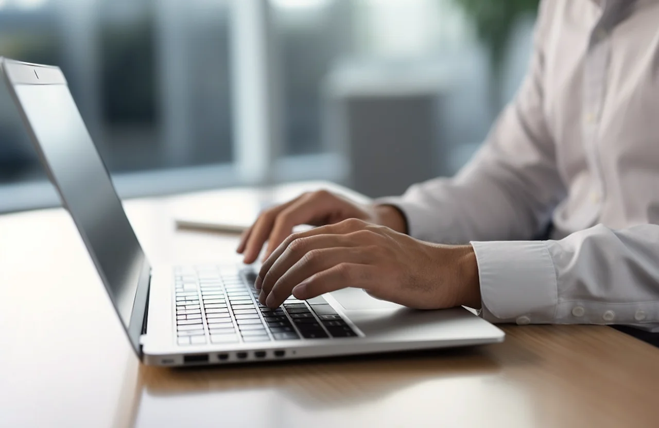 Person in a white shirt typing on a laptop keyboard on a wooden table.