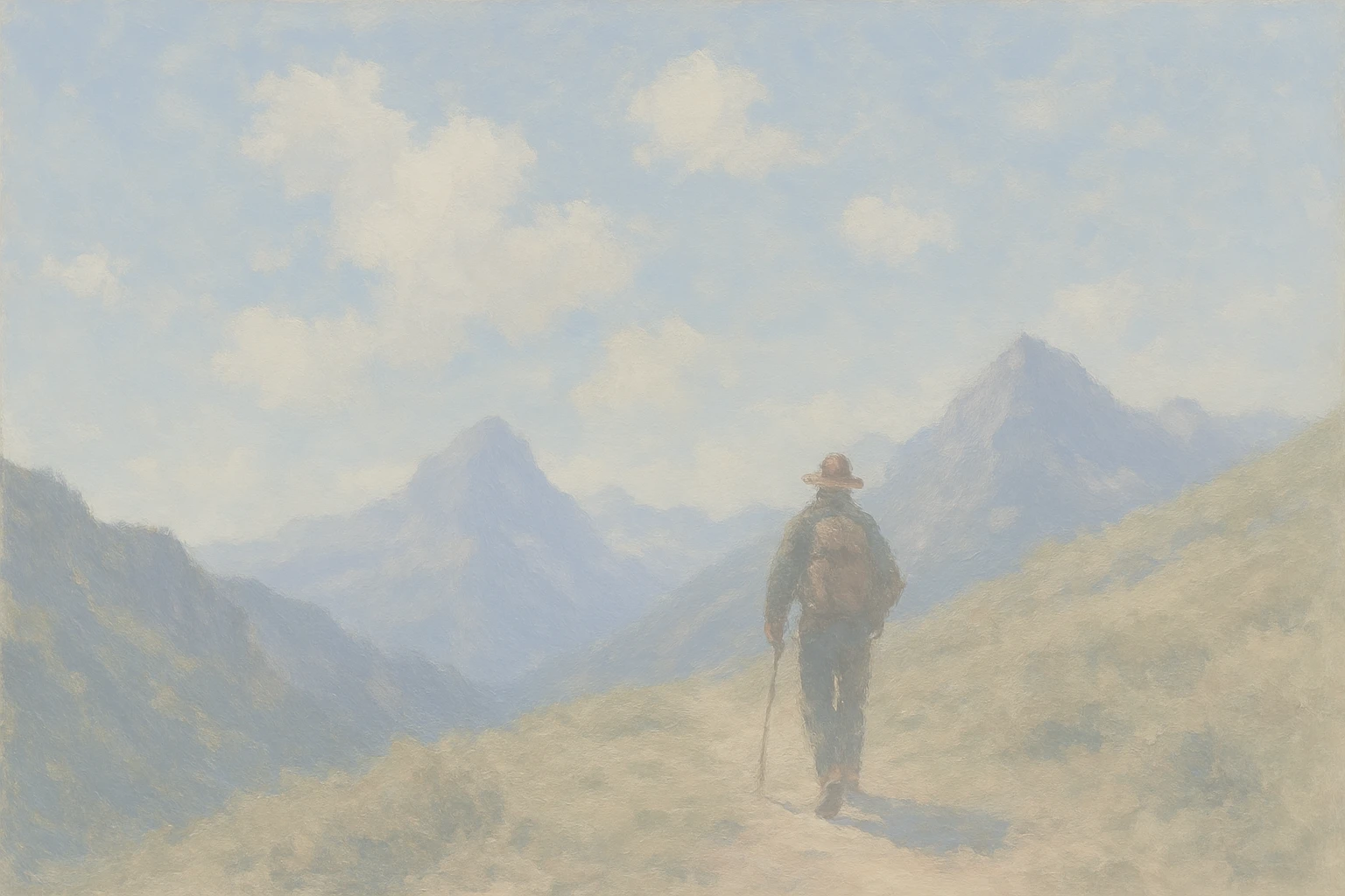 Person wearing a hat and backpack walking with a stick on a mountain path under a blue sky with scattered clouds.