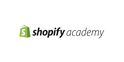 Shopify Academy logo with green shopping bag icon and black italic text.