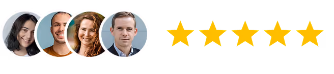 Four diverse people in circular frames next to five gold stars representing a five-star rating.