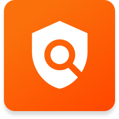 Shield icon with a magnifying glass symbol in the center representing security and inspection.