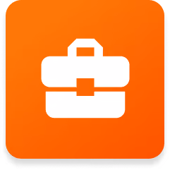 White briefcase icon on an orange rounded square background.
