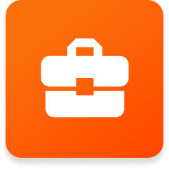 White briefcase icon on an orange rounded square background.