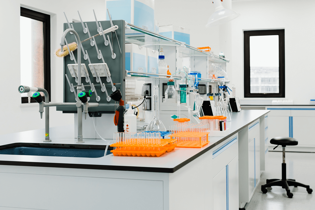 Clean and organized laboratory countertop with test tube racks, glassware, faucets, and drying rack under bright natural light.