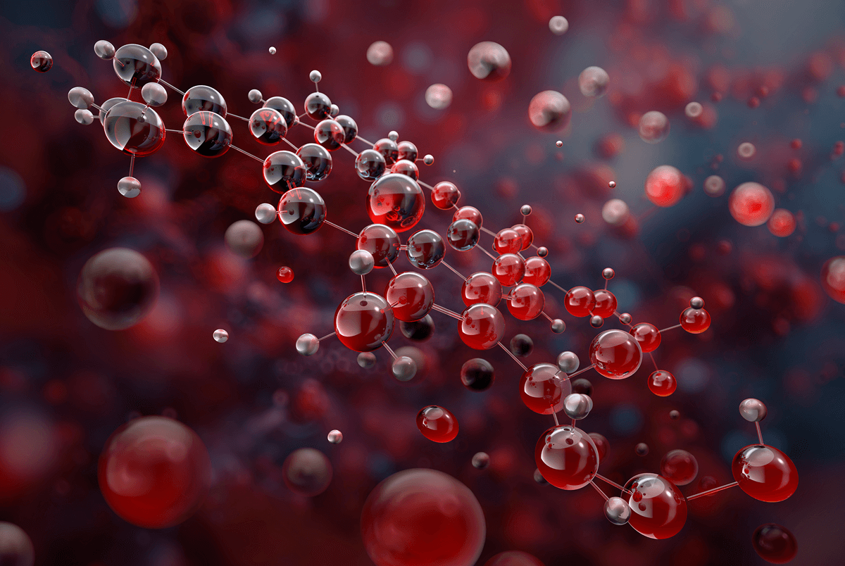 3D rendering of a molecular structure with red and gray spheres connected by thin rods against a blurred red and dark background.