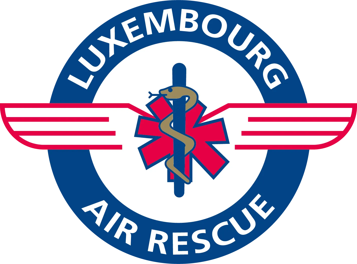 Circular logo of Luxembourg Air Rescue: a blue circle with the words 'Luxembourg Air Rescue' in white around it. In the center, a red star of life with a stick of Asclepius (snake wrapped around a stick) and stylized red wings on each side.