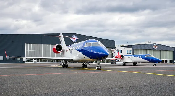 Two blue and white private jets parked on an airport tarmac in front of hangars under a cloudy sky.