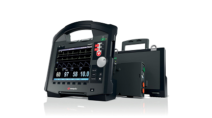 Portable medical monitor displaying heart rate and vital signs with connected devices.