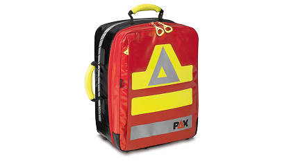 Red emergency medical bag with yellow and gray reflective markings and yellow handles.