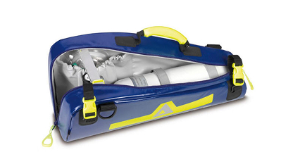 Blue emergency oxygen bag with yellow accents, partially unzipped showing a white oxygen cylinder inside.