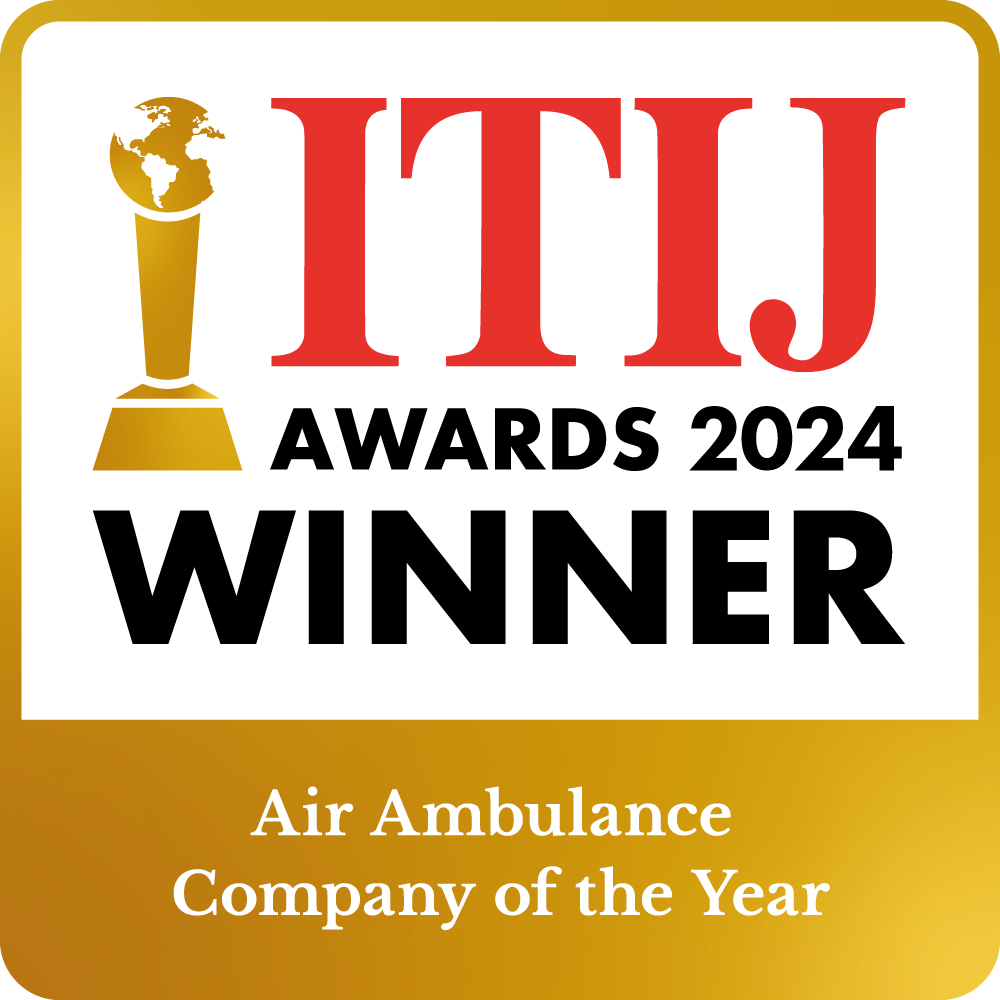 ITIJ Awards 2024 Winner logo with gold trophy icon and text Air Ambulance Company of the Year on a gold background.