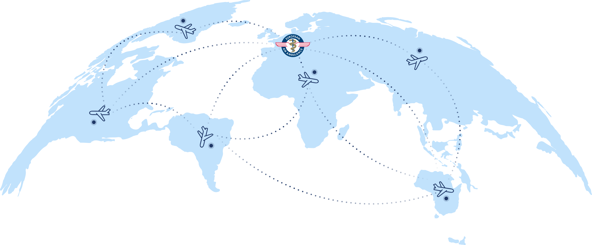 World map with blue continents, showing six airplane icons connected by dotted lines to a central European Air Ambulance logo in Europe.