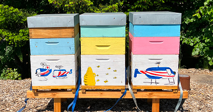 Three colorful beehives on stands surrounded by green foliage with bees flying around the middle hive.