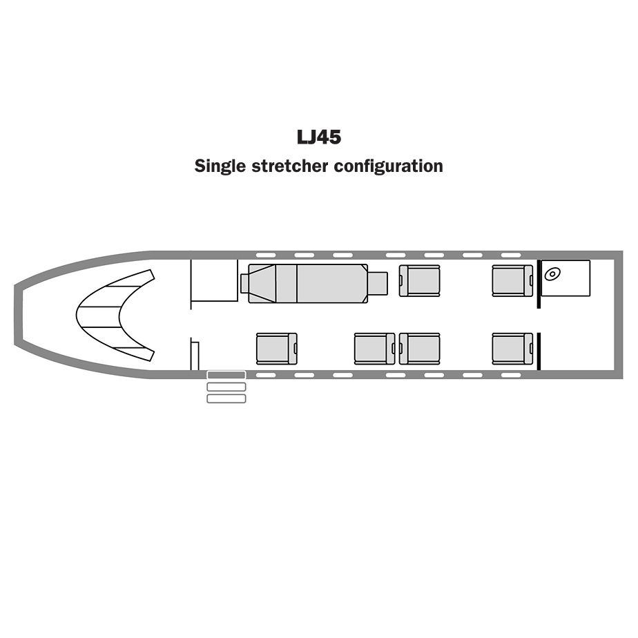 Top-down schematic floor plan of a Learjet 45 interior featuring a cockpit, six passenger seats arranged in pairs, and a small lavatory at the rear.