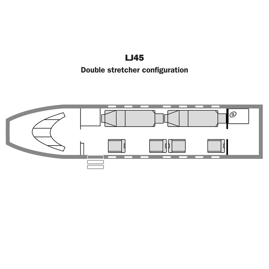 Floor plan diagram of Learjet 45 interior showing seating and layout from cockpit to rear.