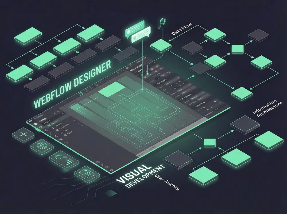 Diagram van Webflow Designer interface met visuele ontwikkeling, datastromen, gebruikersreis en informatiearchitectuur weergegeven met blokken en pijlen.