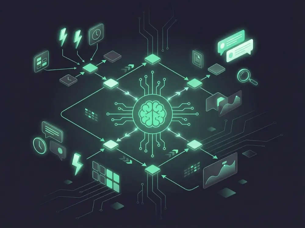Illustratie van een centrale digitale hersenchip verbonden met verschillende technologie- en gegevenssymbolen, met pijlen die datastromen voorstellen.