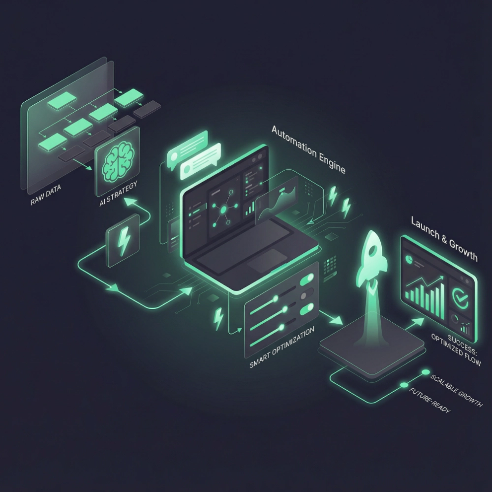 Diagram van een proces met ruwe data die naar AI-strategie gaat, gevolgd door slimme optimalisatie, een automatiseringsmotor en een raketlancering die succes, schaalbare groei en toekomstbestendigheid symboliseert.