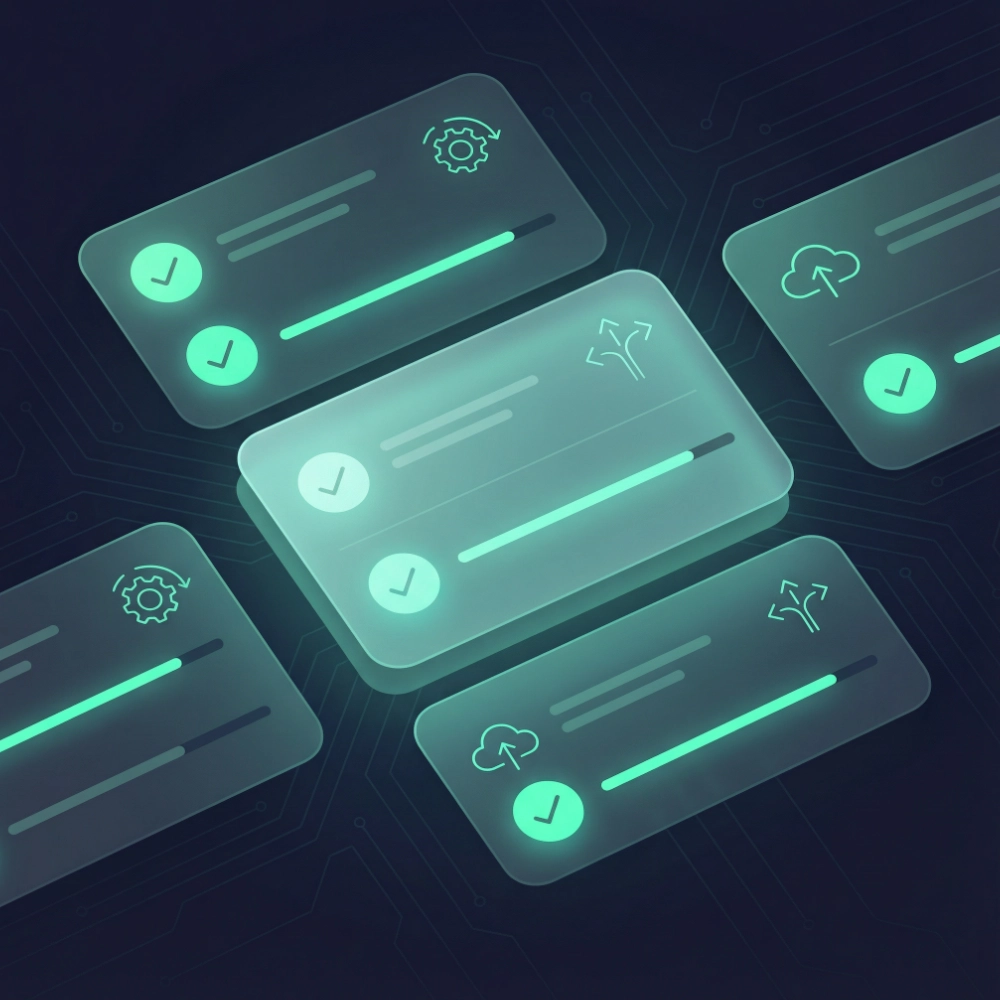 Abstract digitale interfacekaarten met voortgangsbalken, vinkjes en pictogrammen voor instellingen, cloud upload en uitvoeropties op een donkere achtergrond met circuitpatroon.