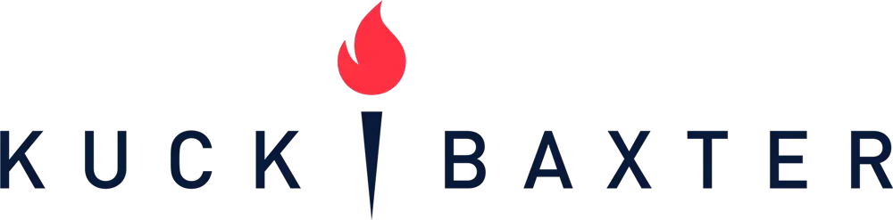 Kuck Baxter logo featuring a red flame above a vertical line separating the words KUCK and BAXTER in dark letters.